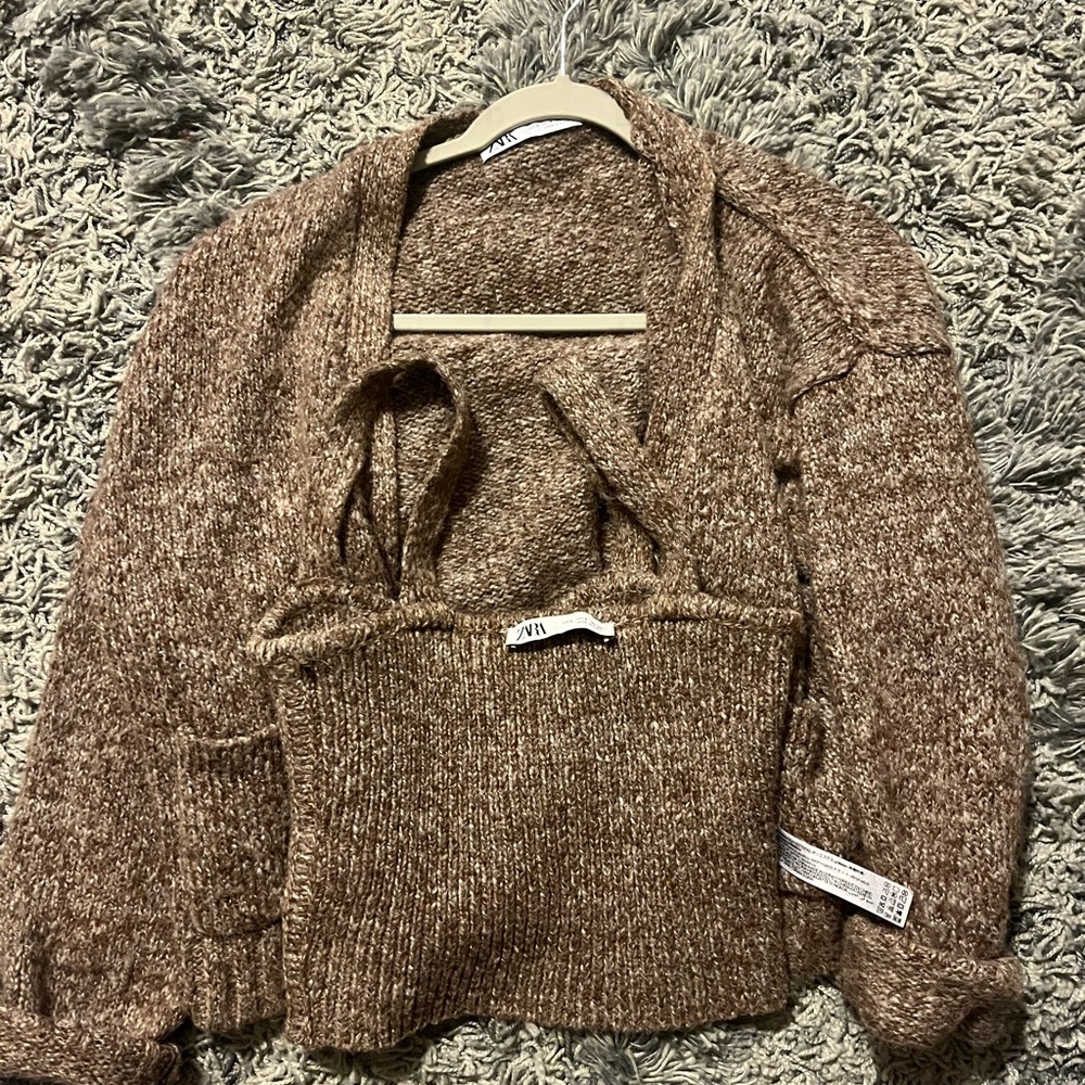 Zara Marled Brown Knit Cardigan & Crop Tank Set - Picture 4 of 7